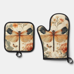 Pretty Vintage Art Deco Dragonfly Oven Mitt & Pot Holder Set