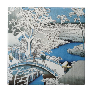 Pretty Vintage Asian Winter Scene Snow Bridge Tile