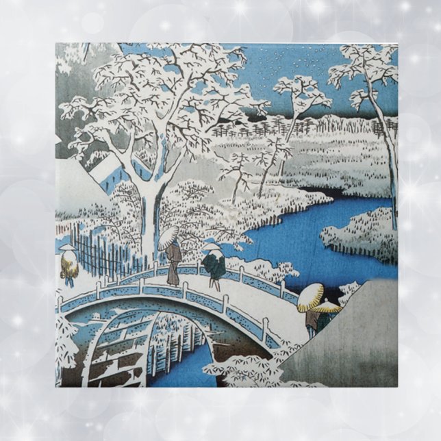 Pretty Vintage Asian Winter Scene Snow Bridge Tile (Asian winter scene snow covered bridge blue water people on decorative ceramic tile.)