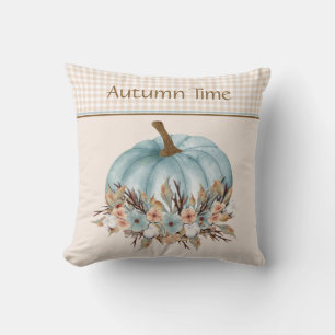 Pretty Vintage Blue Autumn Plaid Floral Pumpkin  Throw Pillow