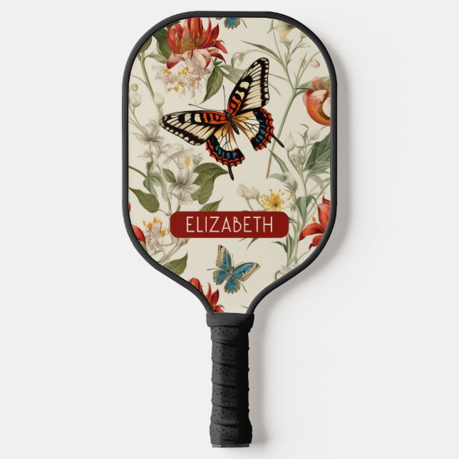 Pretty Vintage Butterfly Monogram Name Pickleball Paddle (Front)