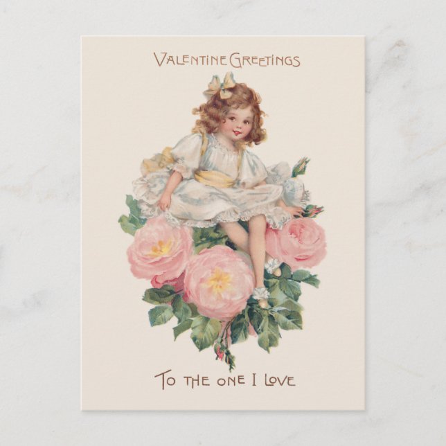 Pretty Vintage Child, Roses & Valentine Greeting Holiday Postcard (Front)