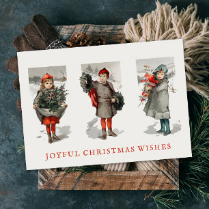 Pretty Vintage Children with Christmas Greenery Holiday Card