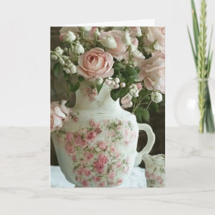 Pretty Vintage Chinese Teapot and Roses   Birthday Card