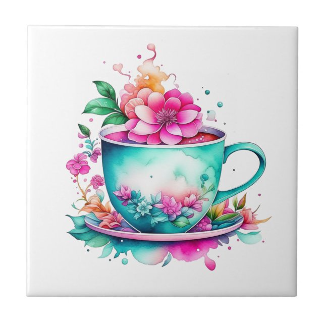 Pretty Vintage Coffee Cup with Pink Flowers Tile (Front)