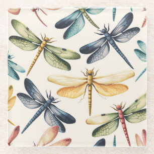 PRETTY VINTAGE DRAGONFLIES IN BLUE GREEN YELLOW GLASS COASTER