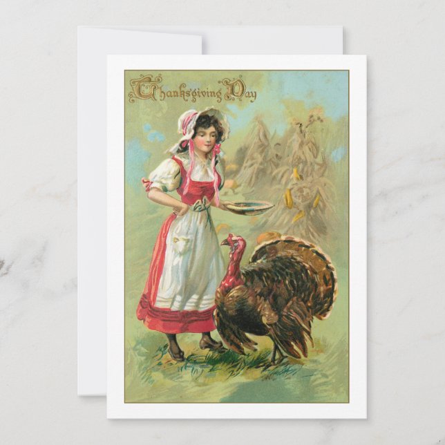 Pretty Vintage Farm Girl with Turkey Holiday Card (Front)