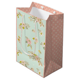 Pretty Vintage Floral Polka Dot Green Medium Gift Bag