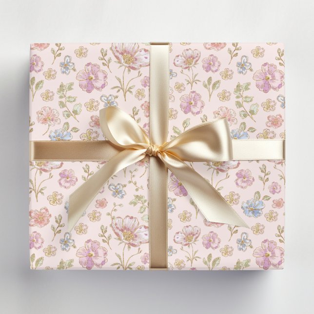 Pretty Vintage Flowers Floral Pattern Wrapping Paper (In situ)