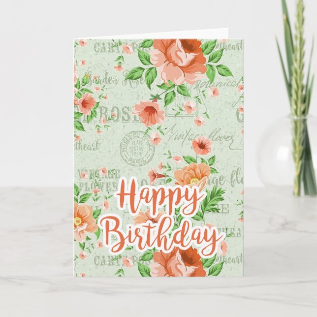 Pretty Vintage French Floral Happy Birthday Card (Front)