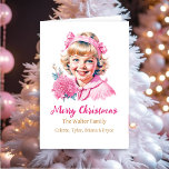 Pretty Vintage Girl | Pink Christmas Personalized  Holiday Card<br><div class="desc">Pretty pink and white personalized Christmas card with a vintage little girl smiling with ribbons and flowers Victorian old-fashioned style Christmas.</div>