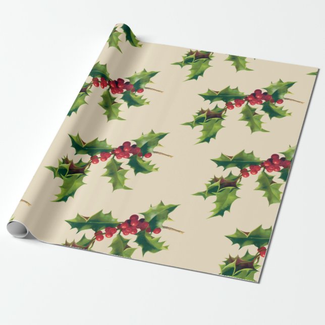 Pretty Vintage Holly branch Wrapping Paper (Unrolled)