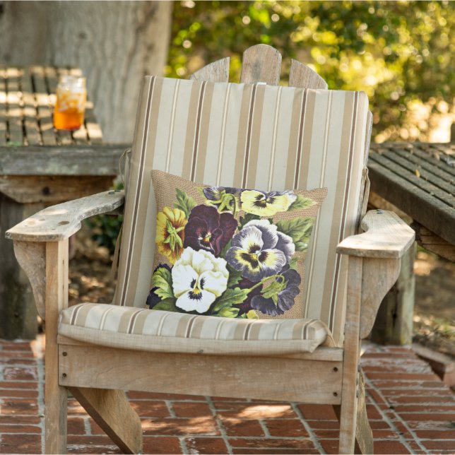 Pretty Vintage Pansy Flowers On Faux Jute Burlap O Outdoor Pillow (Chair)