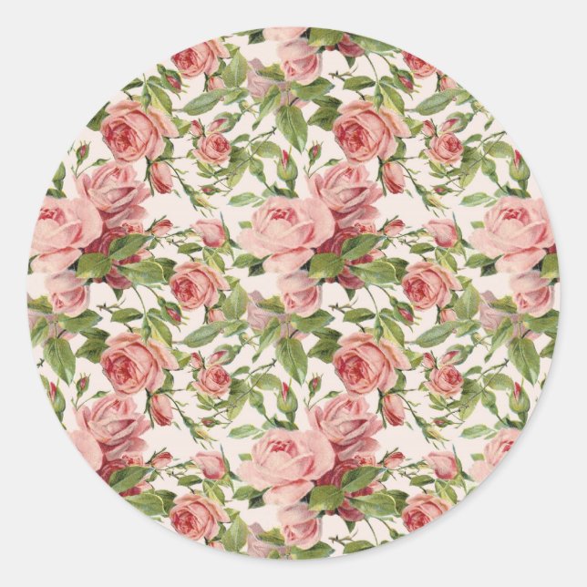 Pretty Vintage Pink Roses Classic Round Sticker (Front)