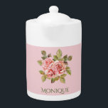 Pretty Vintage Pink Roses Personalized<br><div class="desc">Personalized teapot features vintage illustration of  pretty pink roses,   with elegant customizable text on pastel pink background.</div>