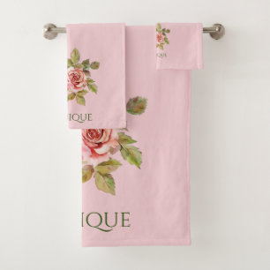 Pretty Vintage Pink Roses Personalized  Bath Towel Set