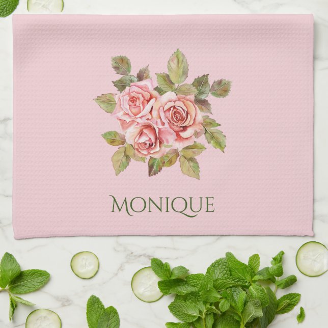Pretty Vintage Pink Roses Personalized  Kitchen Towel (Folded)