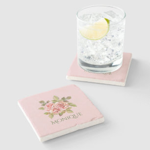 Pretty Vintage Pink Roses Personalized  Stone Coaster