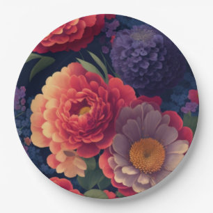 Pretty vintage red Orange purple mum peony floral Paper Plate