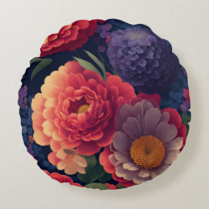 Pretty vintage red Orange purple mum peony floral  Round Pillow