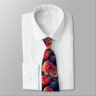Pretty vintage red Orange purple mum peony floral  Tie