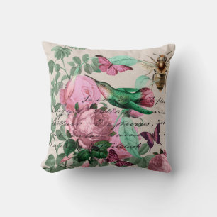 Pretty Vintage roses with humming birds and bee Throw Pillow