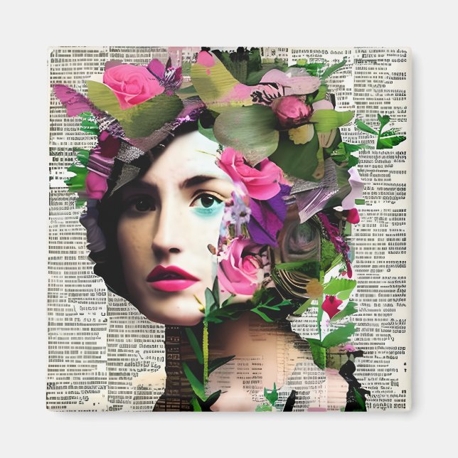 Pretty Vintage Woman Paper Collage Art Magnet (Front)
