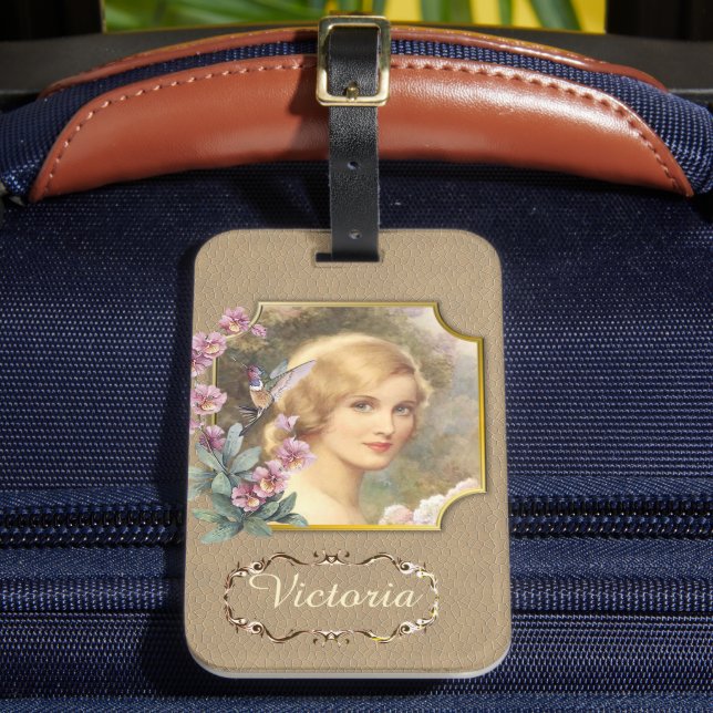 Pretty Vintage Woman Portrait Personalized Luggage Tag (Front Insitu 2)