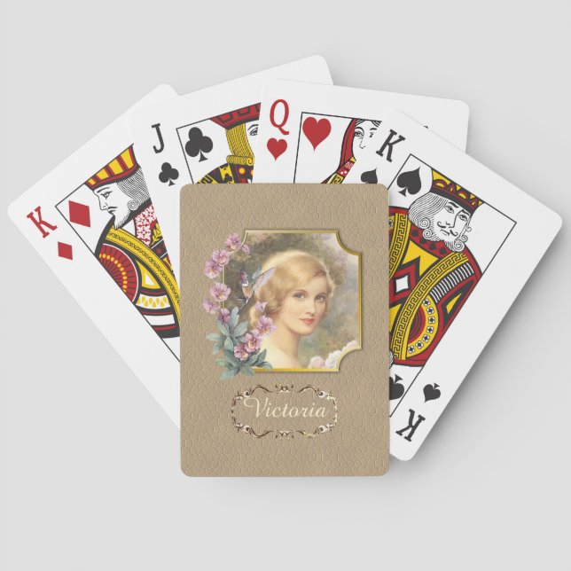Pretty Vintage Woman Portrait Personalized Playing Cards (Back)