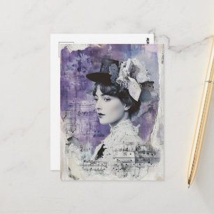 Pretty Vintage Woman Purple Collage Sheet Music Postcard