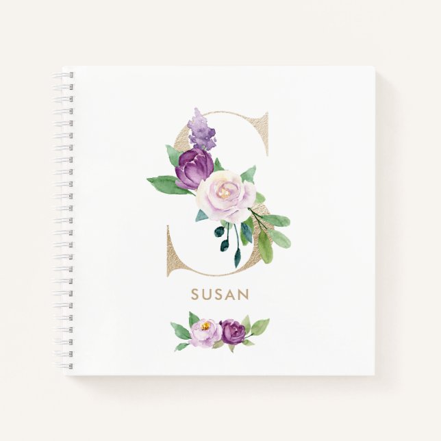 Pretty Violet Floral Gold Foil Letter S Monogram Notebook (Front)