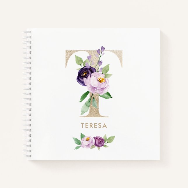 Pretty Violet Floral Gold Foil Letter T Monogram Notebook (Front)