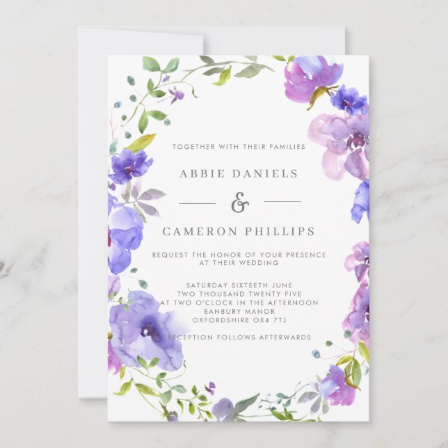 Pretty Violet Floral Wreath Wedding Invitation (Front)