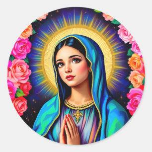 Pretty Virgin Mary with Prayer Hands & Roses Classic Round Sticker
