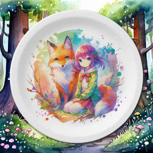 Pretty Watercolor Anime Girl and Fox Birthday Paper Plate