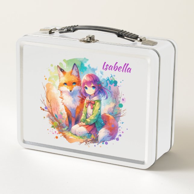 Pretty Watercolor Anime Girl and Fox Metal Lunch Box (Front)