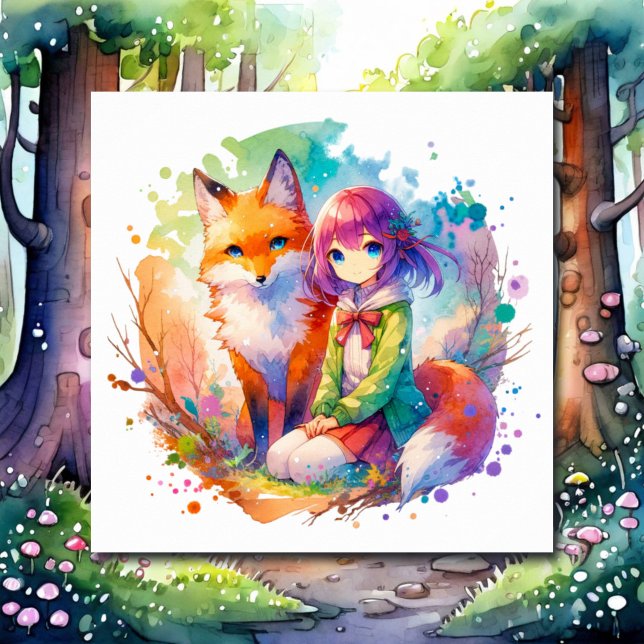 Pretty Watercolor Anime Girl and Fox Poster (Creator Uploaded)