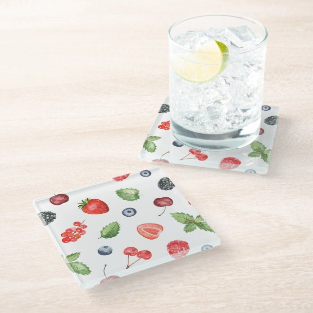Pretty Watercolor Berry Pattern Glass Coaster (Angled)