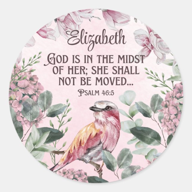 Pretty Watercolor Bird Flowers Christian Scripture Classic Round Sticker (Front)