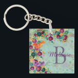 Pretty Watercolor Birds and Flowers Personalised Keychain<br><div class="desc">Colourful watercolor painting of birds almost camouflaged in a garden of flowers. Personalise with name and initial.</div>