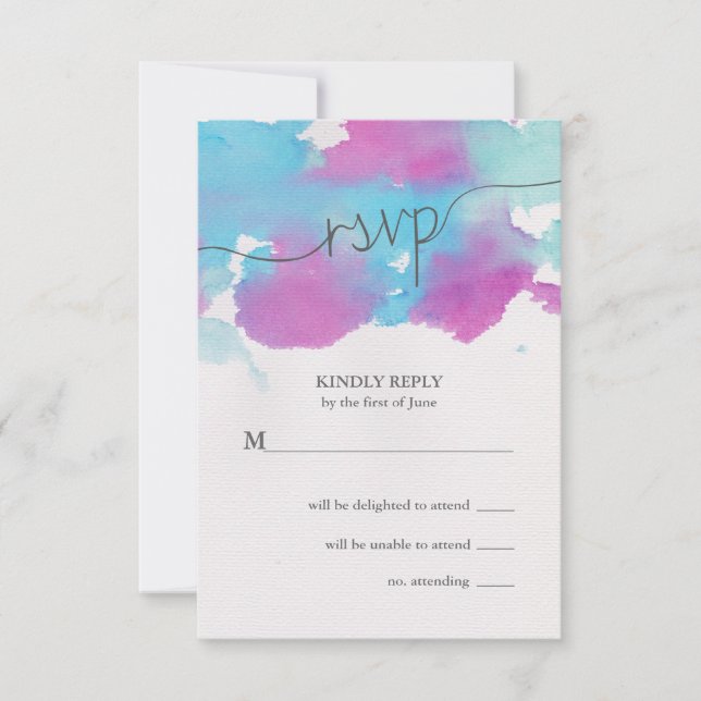 Pretty Watercolor Blue Purple Wedding RSVP Card (Front)