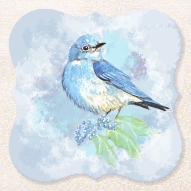 Pretty Watercolor Bluebird Bird Nature Garden Art Paper Coaster (Front)