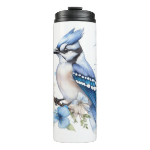 PRETTY WATERCOLOR BLUEBIRD IN A TREE WITH FLOWERS THERMAL TUMBLER