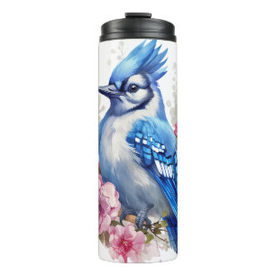 PRETTY WATERCOLOR BLUEBIRD IN A TREE WITH FLOWERS THERMAL TUMBLER