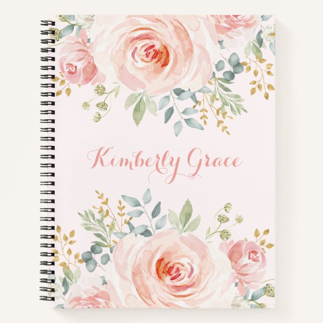 Pretty Watercolor Blush Pink Floral Boho Roses Notebook (Front)