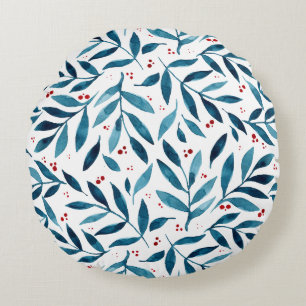 Pretty watercolor branches – turquoise and red round pillow