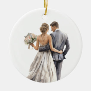 PRETTY WATERCOLOR BRIDE AND GROOM WEDDING CERAMIC ORNAMENT