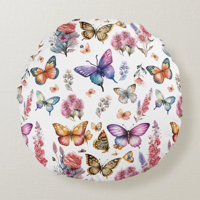 Pretty Watercolor Butterfly Floral Garden Pattern Round Pillow (Front)
