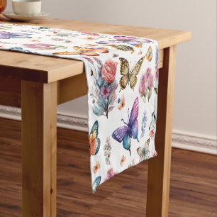 Pretty Watercolor Butterfly Floral Garden Pattern Short Table Runner