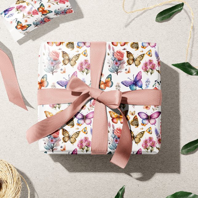 Pretty Watercolor Butterfly Floral Garden Pattern Wrapping Paper (Creator Uploaded)